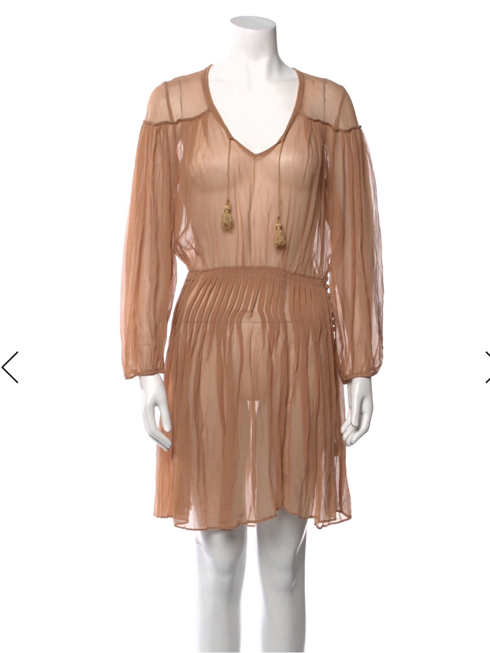 Zimmermann Sheer Taupe Tassel V-Neck Long-Sleeve Dress